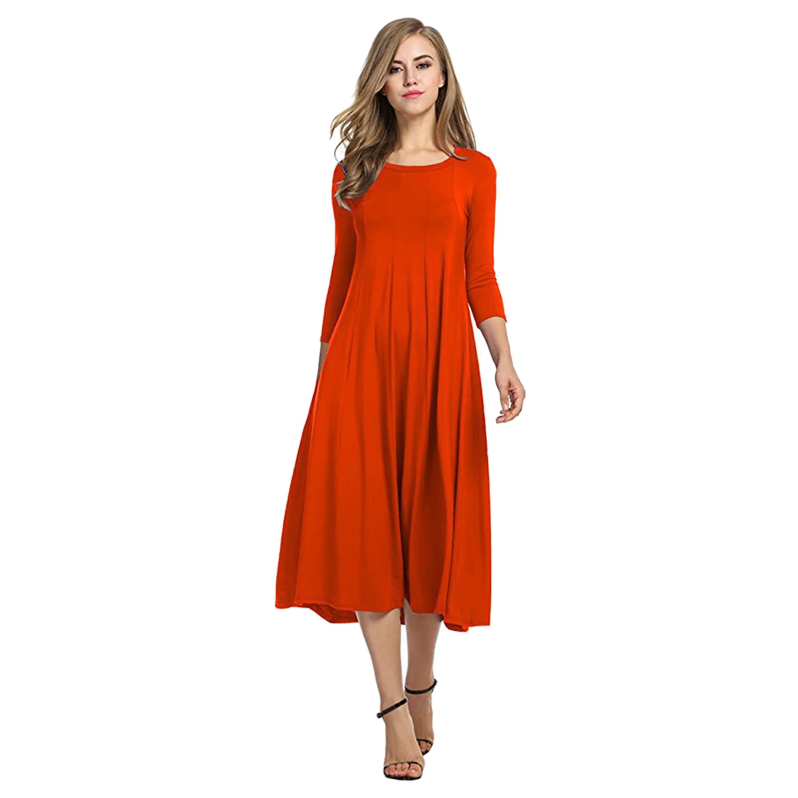 thumbnail image 4 of Vestido informal liso de mujer con cuello redondo, manga larga y largo hasta la pantorrilla - Corte holgado, material resistente, para uso diario/ocasionales, tallas M-XXXL, 4 of 6
